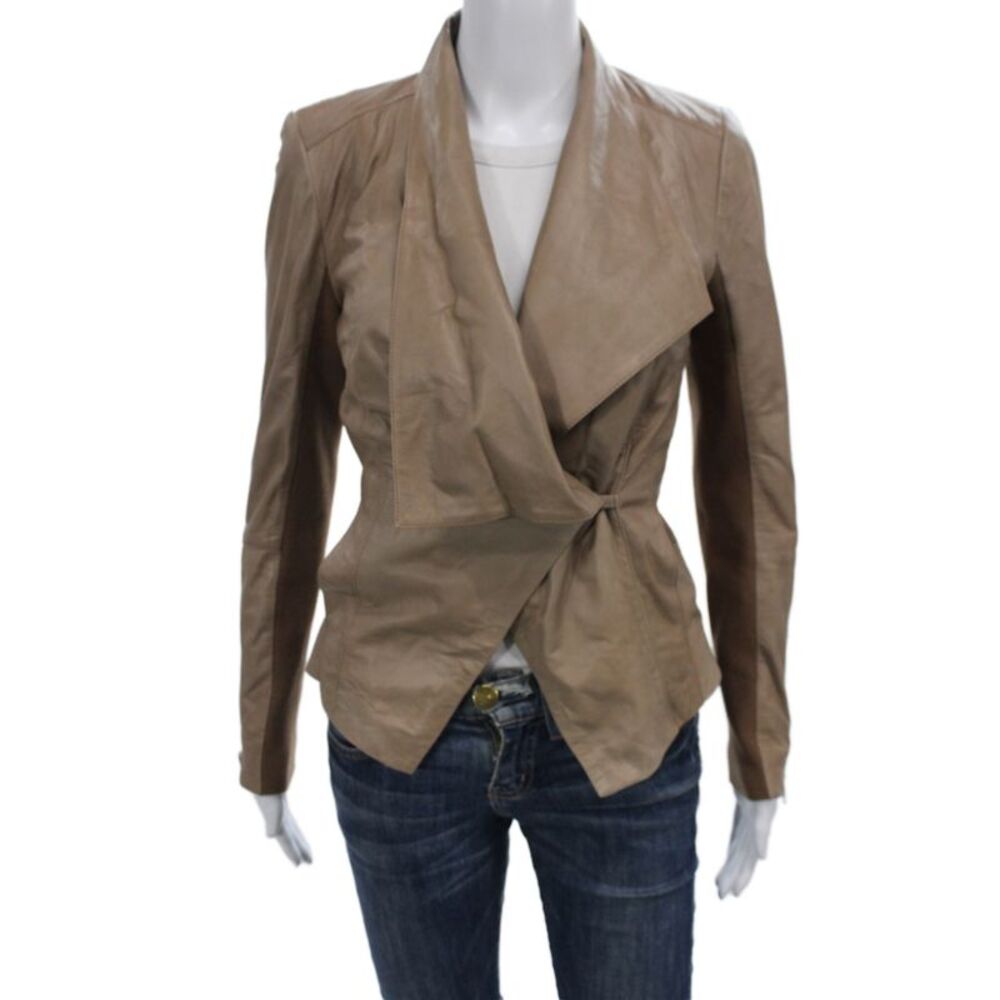Trouve Womens Beige Leather Basic Jacket Long Sleeve Zip Size XS
